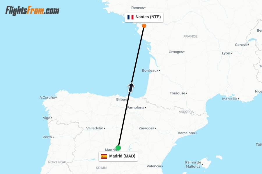 Flights from Madrid to Nantes route map