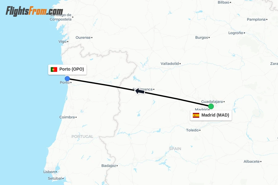 Flights from Madrid to Porto route map