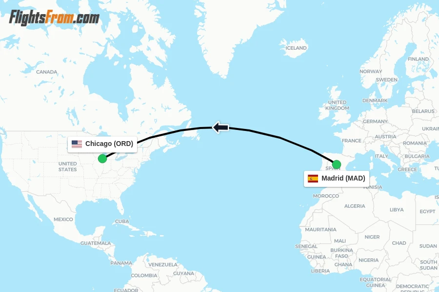Flights from Madrid to Chicago route map