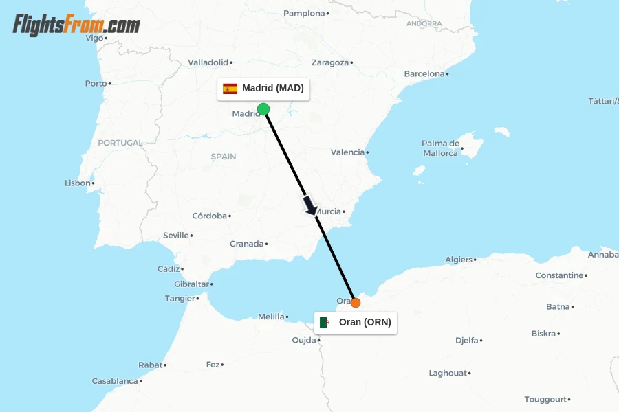 Flights from Madrid to Oran route map