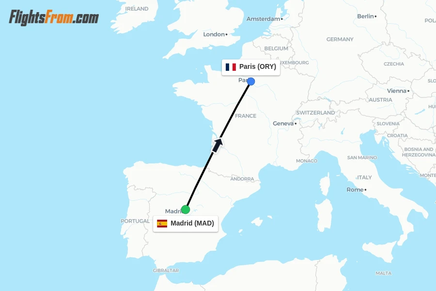 Flights from Madrid to Paris route map