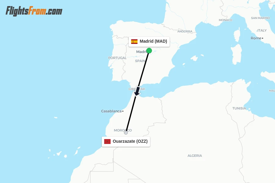 Flights from Madrid to Ouarzazate route map