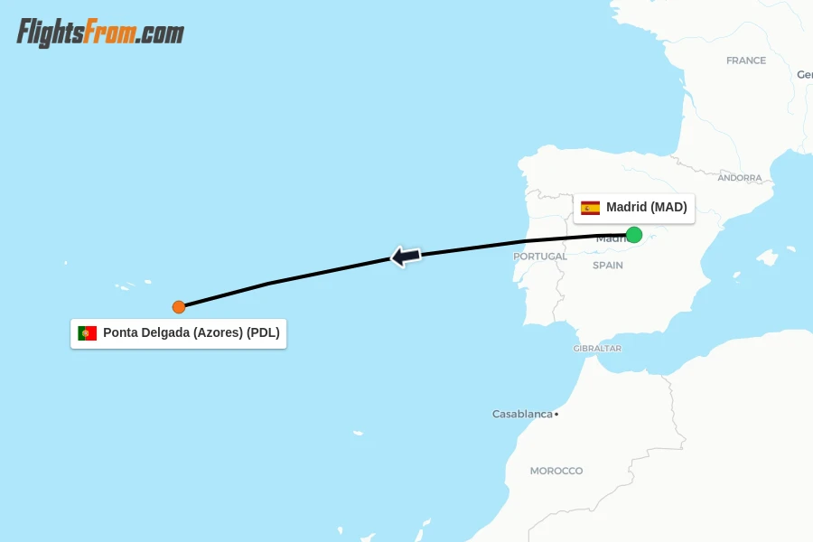Flights from Madrid to Ponta Delgada (Azores) route map