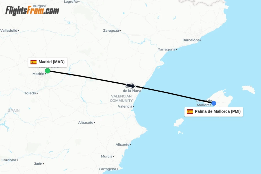 Flights from Madrid to Palma de Mallorca route map
