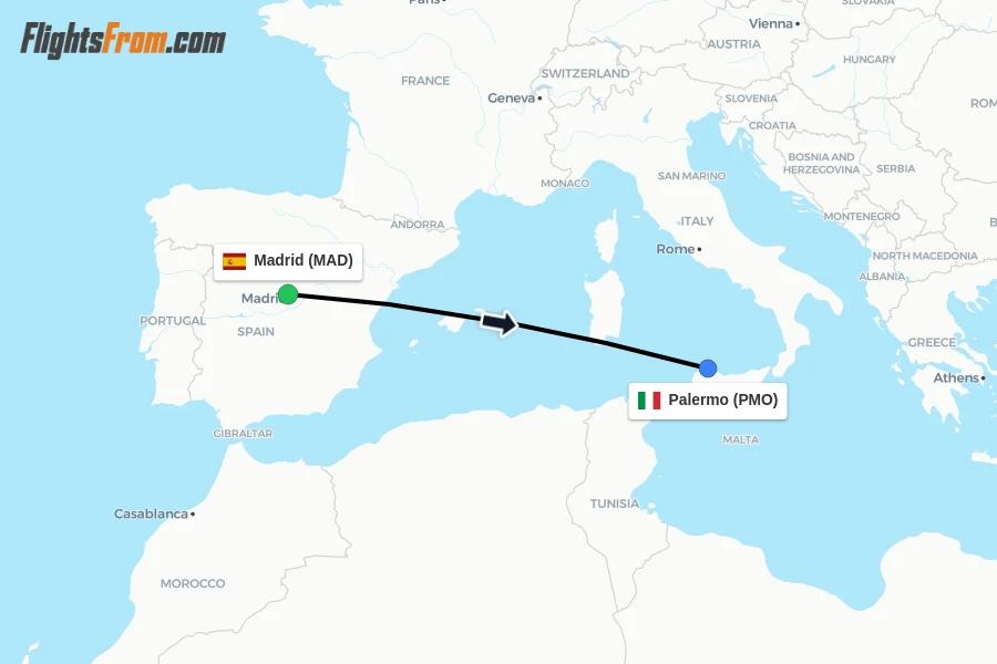 Flights from Madrid to Palermo route map
