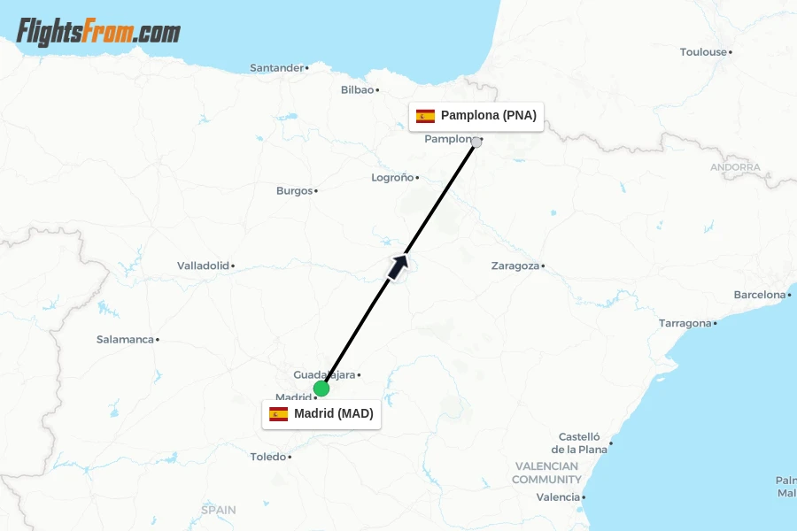 Flights from Madrid to Pamplona route map