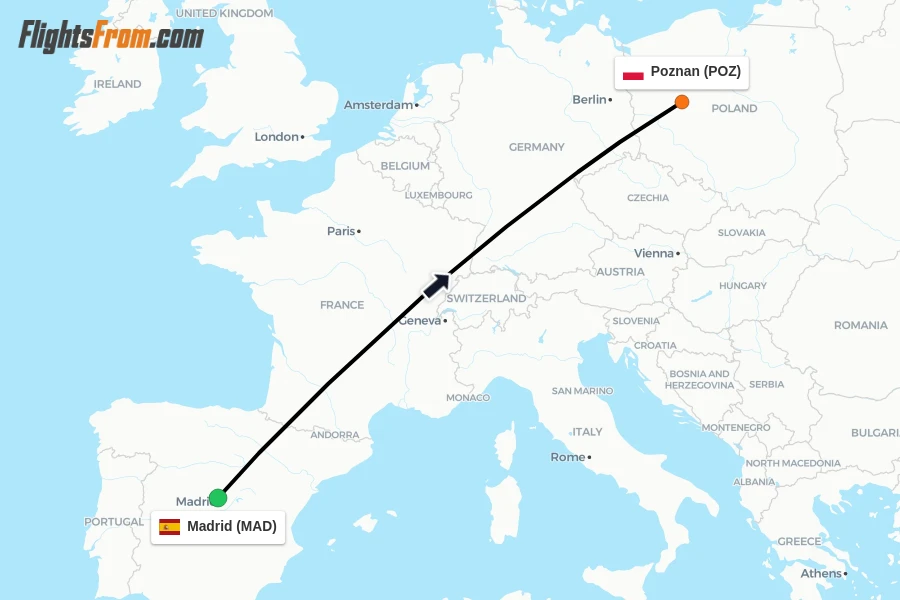 Flights from Madrid to Poznan route map