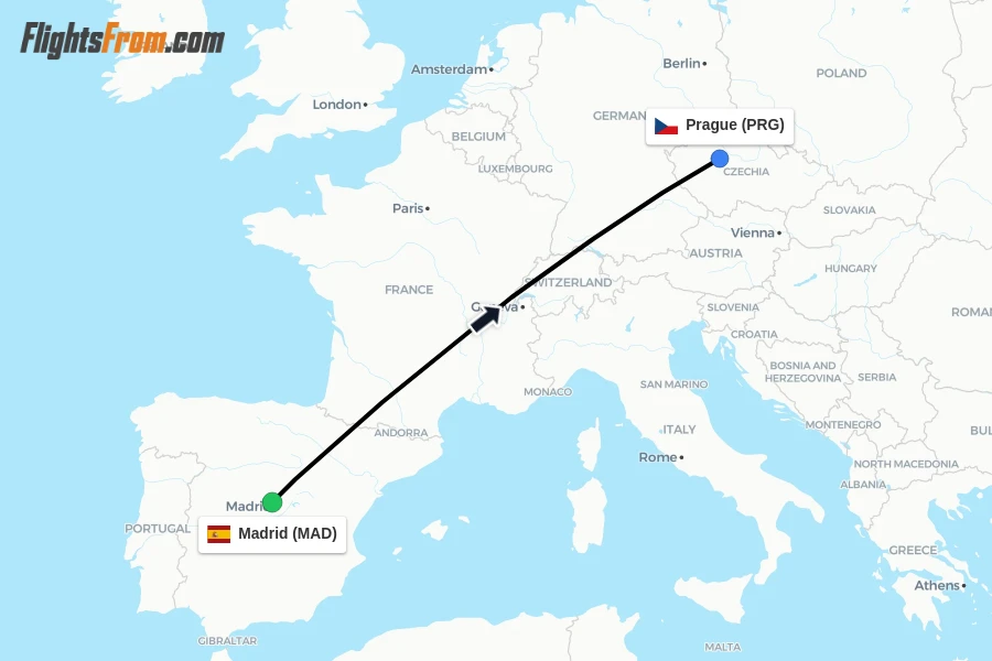 Flights from Madrid to Prague route map
