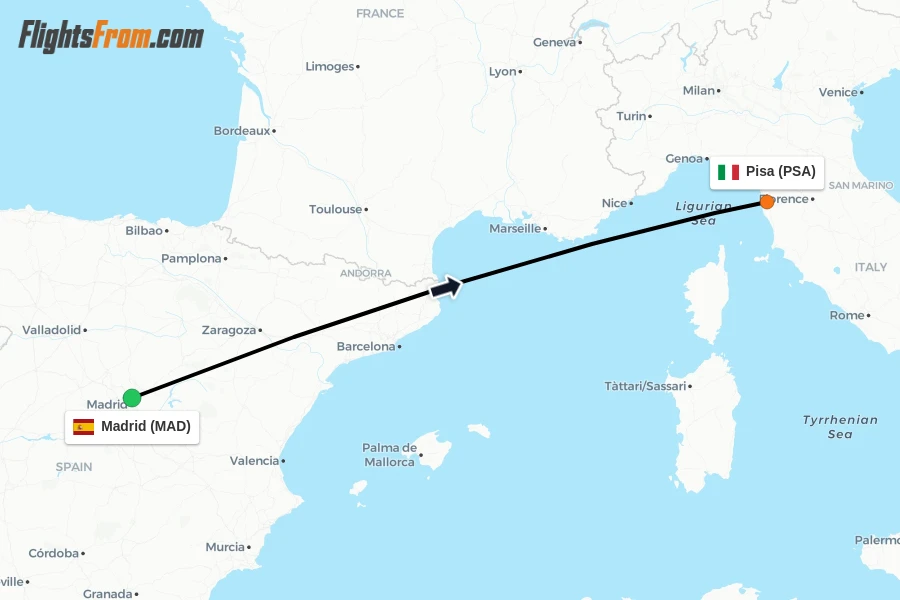 Flights from Madrid to Pisa route map