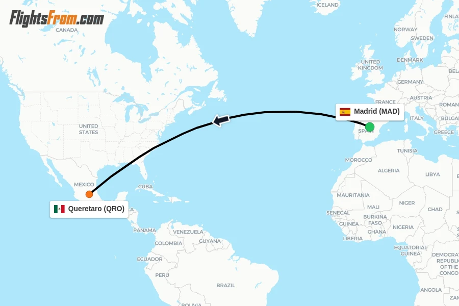 Flights from Madrid to Queretaro route map