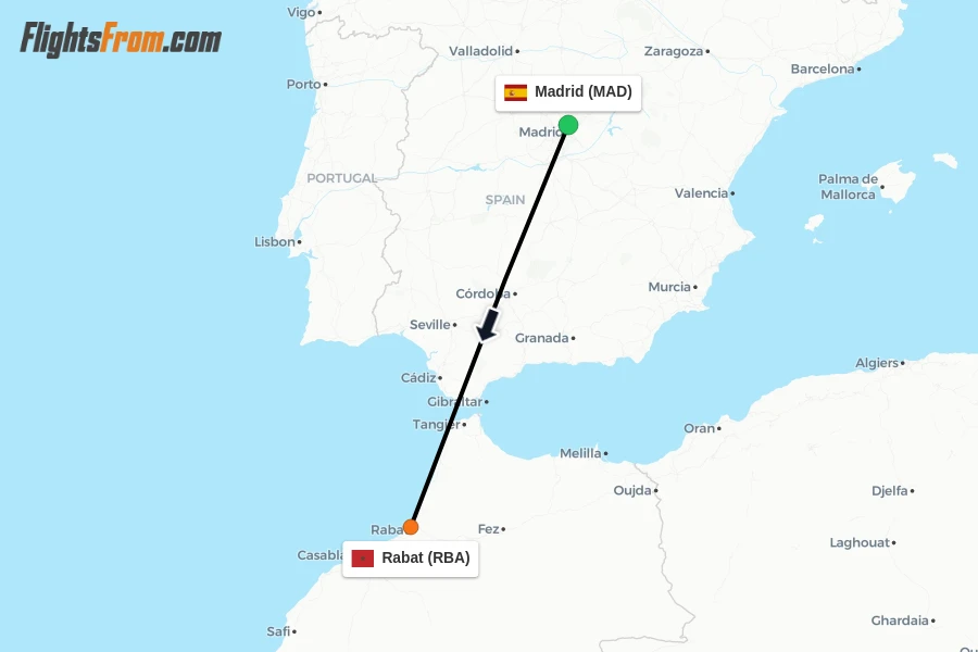 Flights from Madrid to Rabat route map
