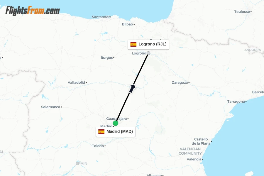 Flights from Madrid to Logrono route map