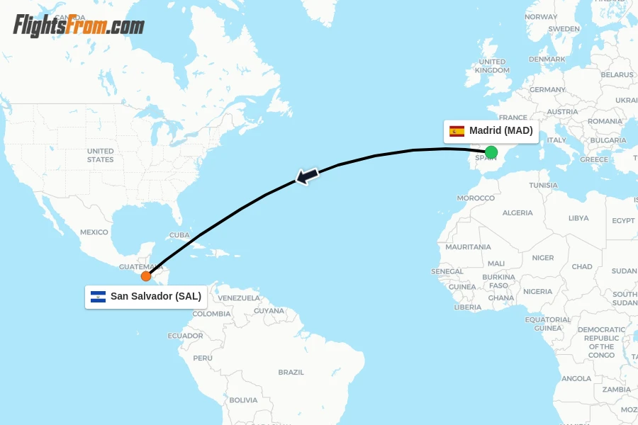 Flights from Madrid to San Salvador route map