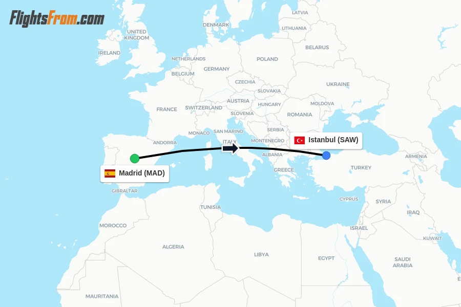 Flights from Madrid to Istanbul route map