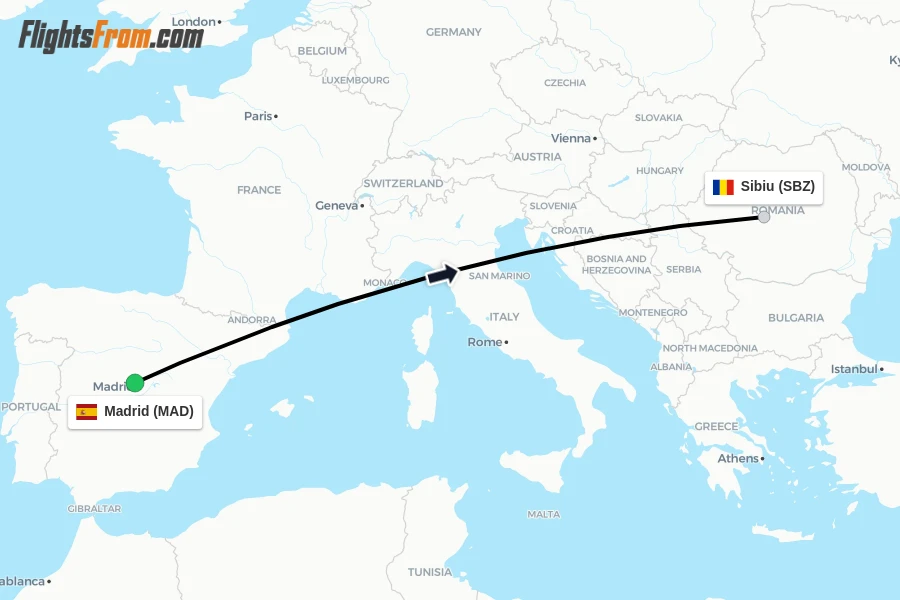 Flights from Madrid to Sibiu route map