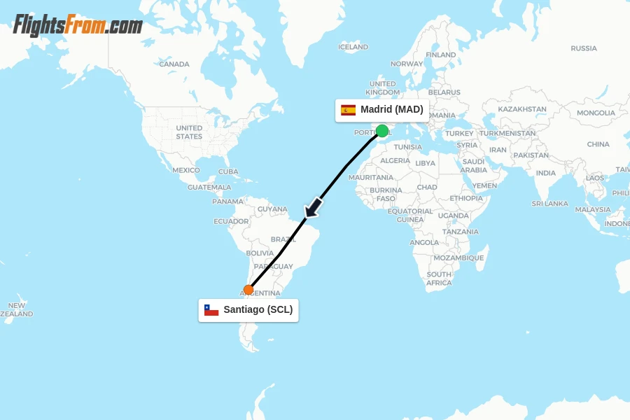 Flights from Madrid to Santiago route map