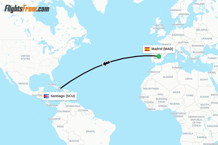 Flights from Madrid to Santiago route map