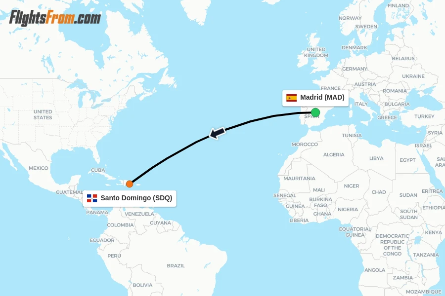 Flights from Madrid to Santo Domingo route map