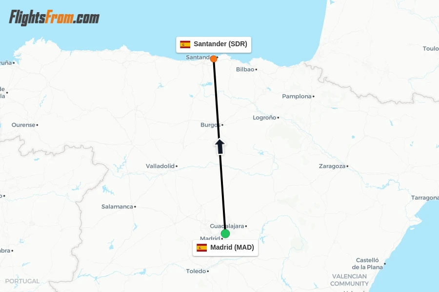 Flights from Madrid to Santander route map