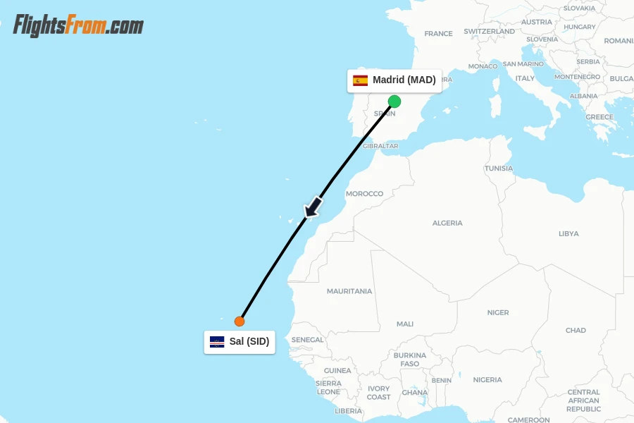 Flights from Madrid to Sal route map