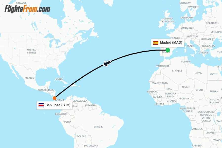 Flights from Madrid to San Jose route map