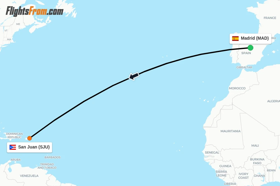 Flights from Madrid to San Juan route map