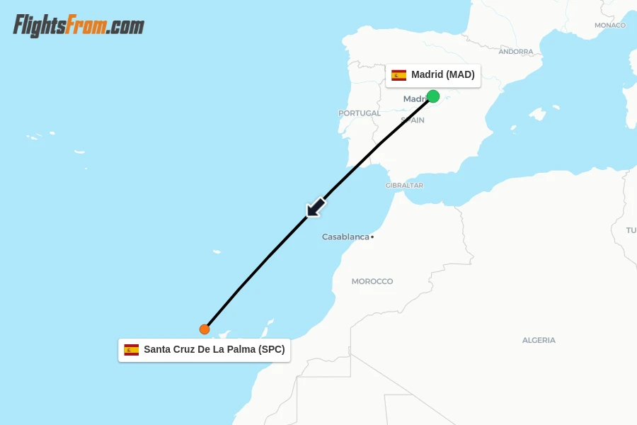 Flights from Madrid to Santa Cruz De La Palma route map