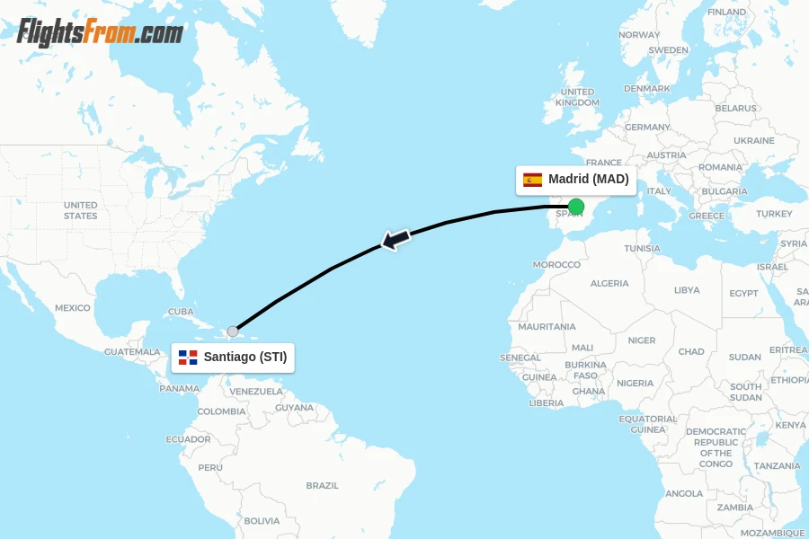 Flights from Madrid to Santiago route map