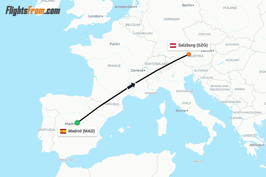 Flights from Madrid to Salzburg route map