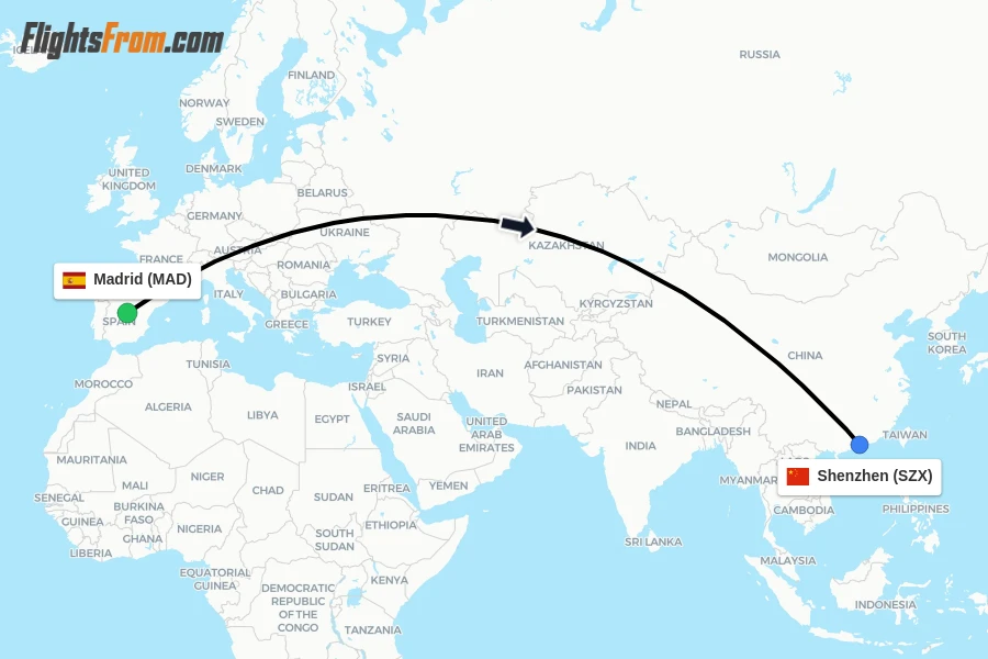 Flights from Madrid to Shenzhen route map