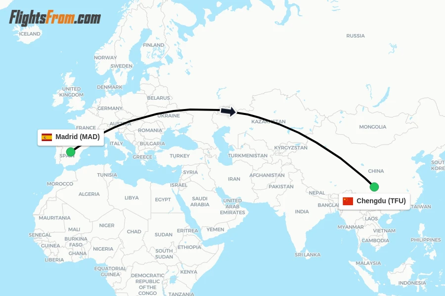 Flights from Madrid to Chengdu route map