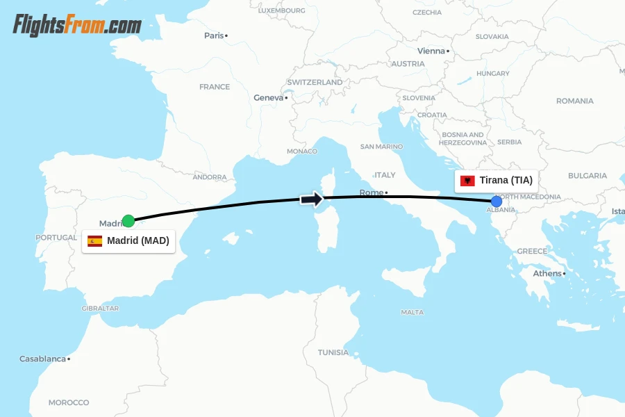 Flights from Madrid to Tirana route map