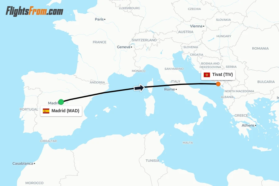Flights from Madrid to Tivat route map