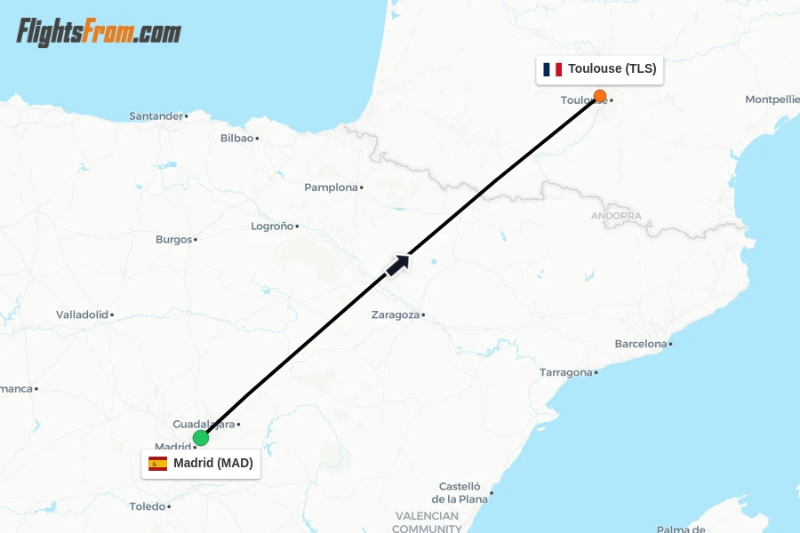Flights from Madrid to Toulouse route map