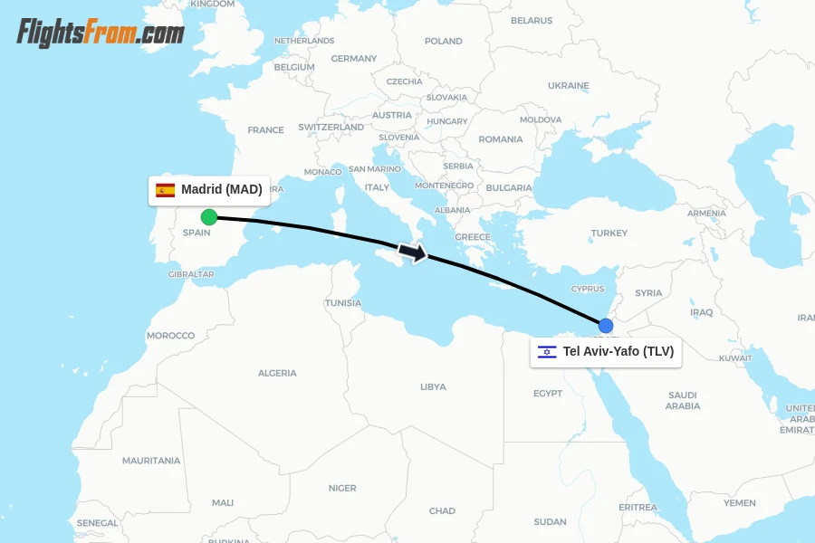 Flights from Madrid to Tel Aviv-Yafo route map