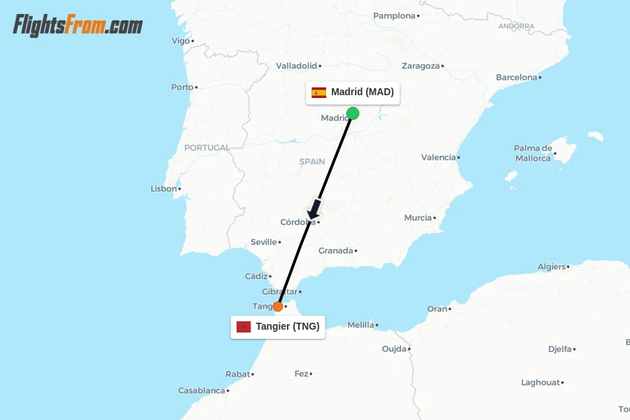 Flights from Madrid to Tangier route map