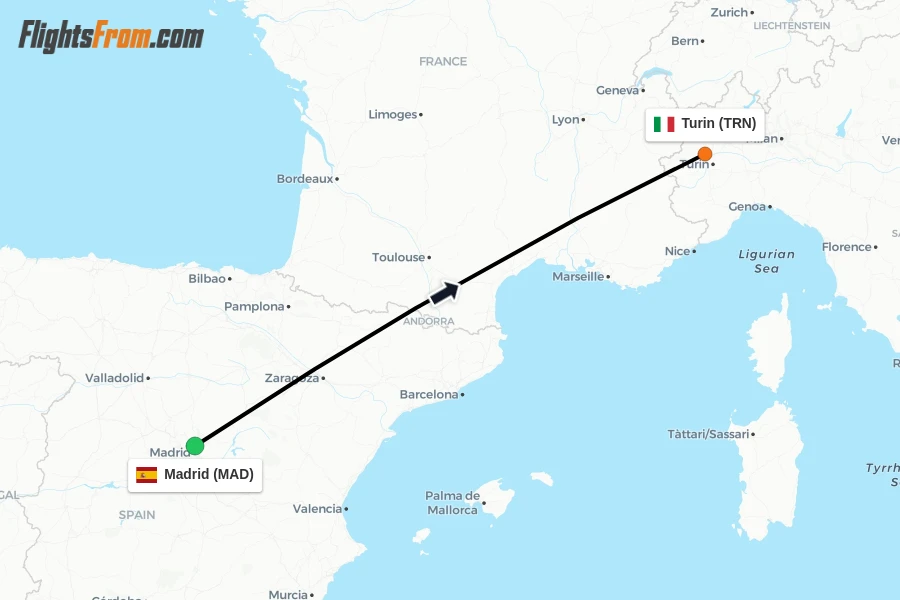 Flights from Madrid to Turin route map