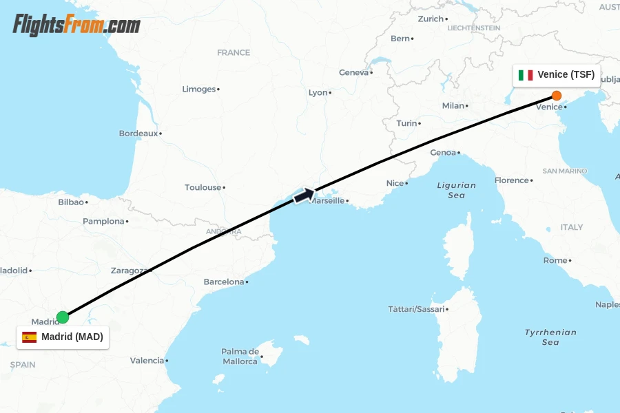 Flights from Madrid to Venice route map