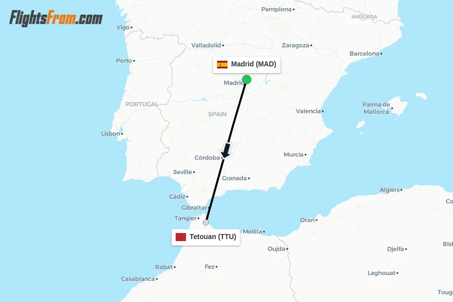 Flights from Madrid to Tetouan route map