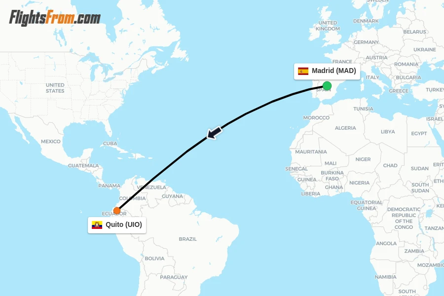 Flights from Madrid to Quito route map
