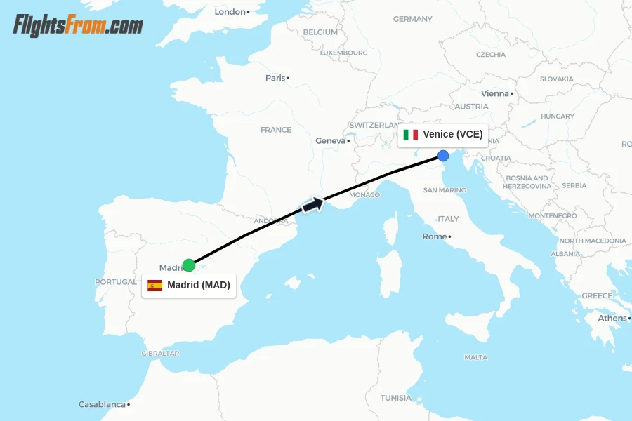 Flights from Madrid to Venice route map