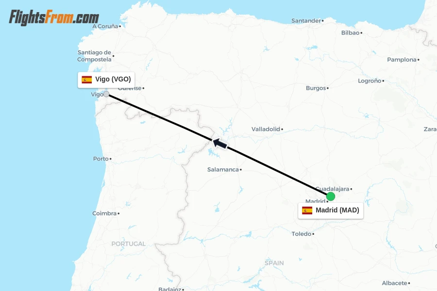 Flights from Madrid to Vigo route map