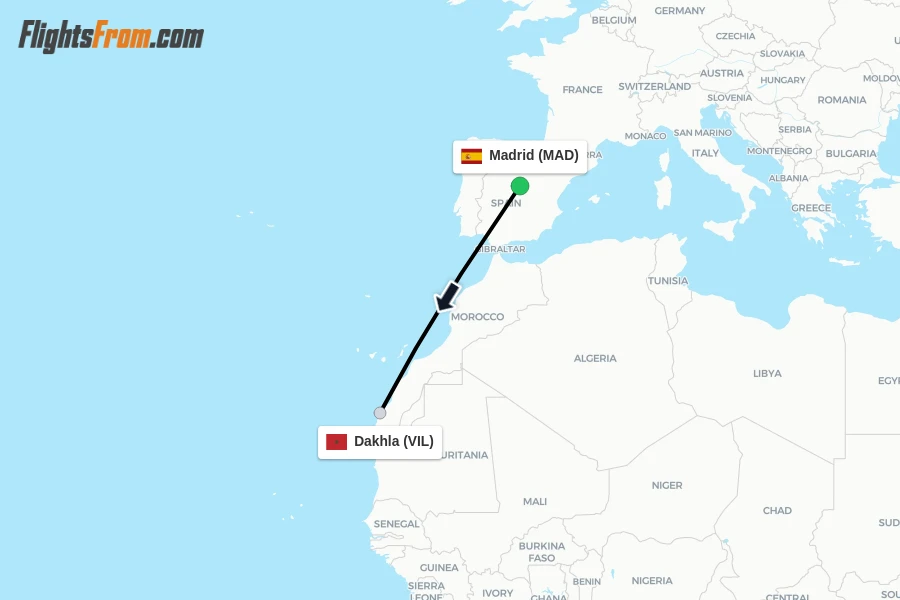 Flights from Madrid to Dakhla route map