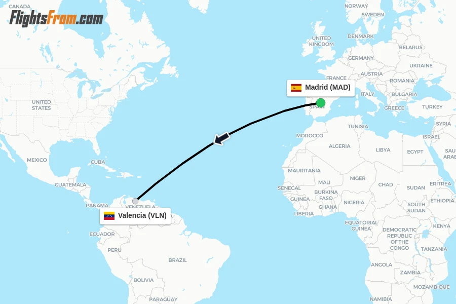 Flights from Madrid to Valencia route map