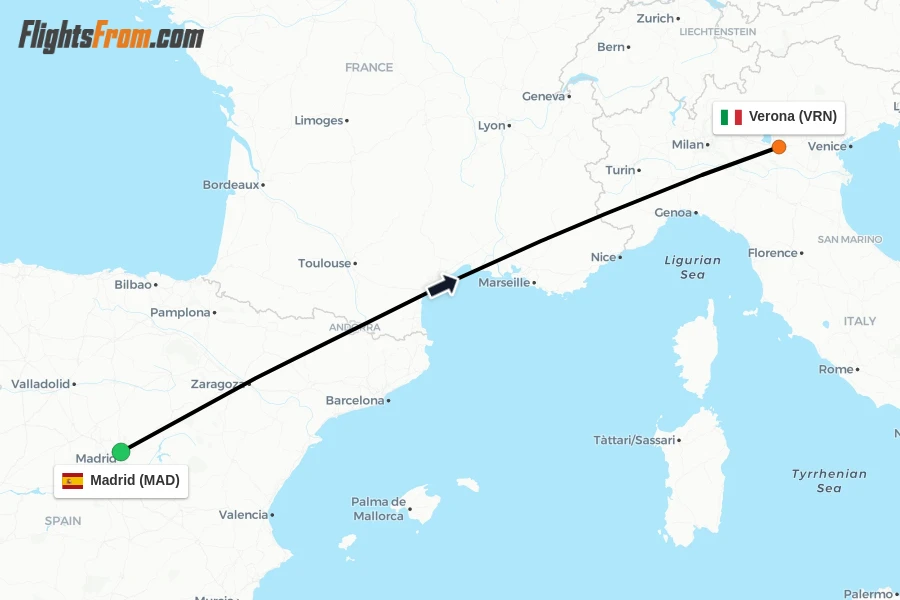 Flights from Madrid to Verona route map