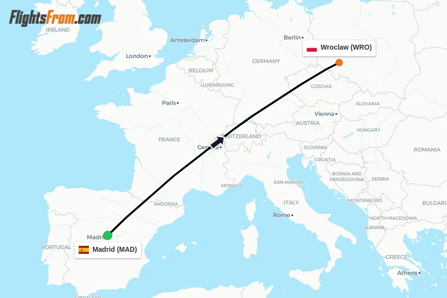 Flights from Madrid to Wroclaw route map