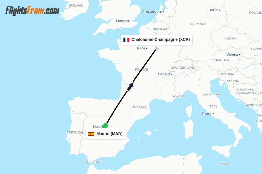 Flights from Madrid to Chalons-en-Champagne route map