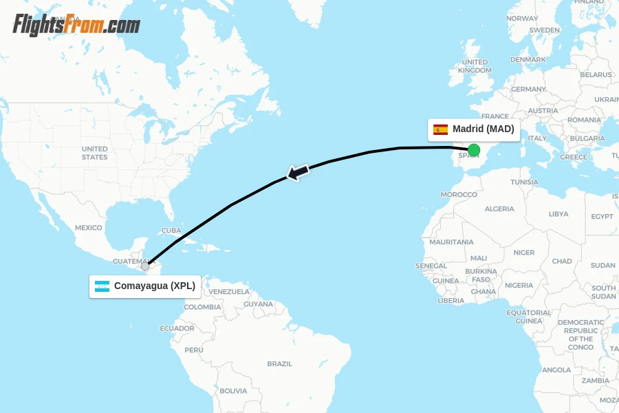 Flights from Madrid to Comayagua route map