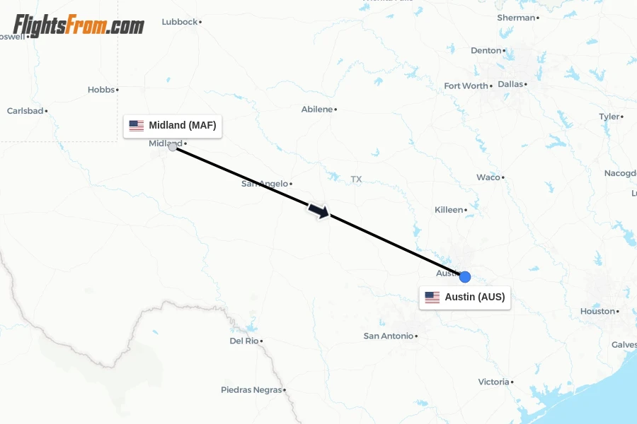 Flights from Midland to Austin route map