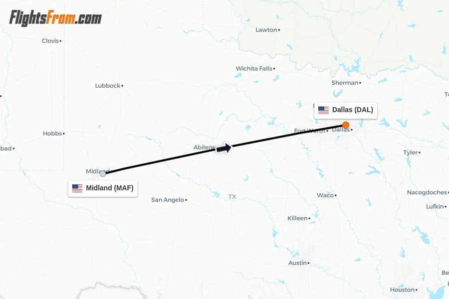 Flights from Midland to Dallas route map